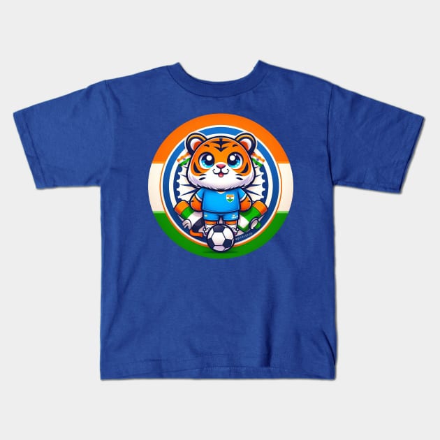 Indian Tiger playing football Kids T-Shirt by Sketchy